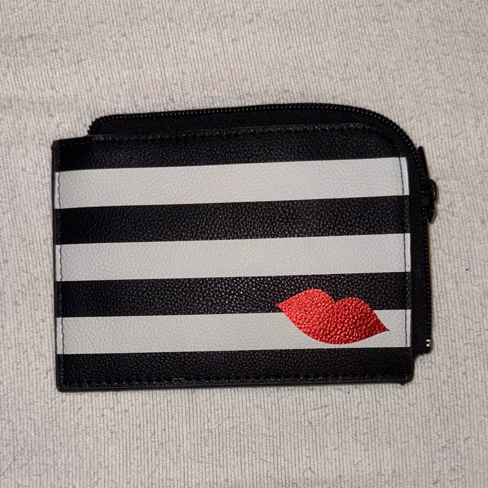 Black and White Striped Wallet with Red Lips